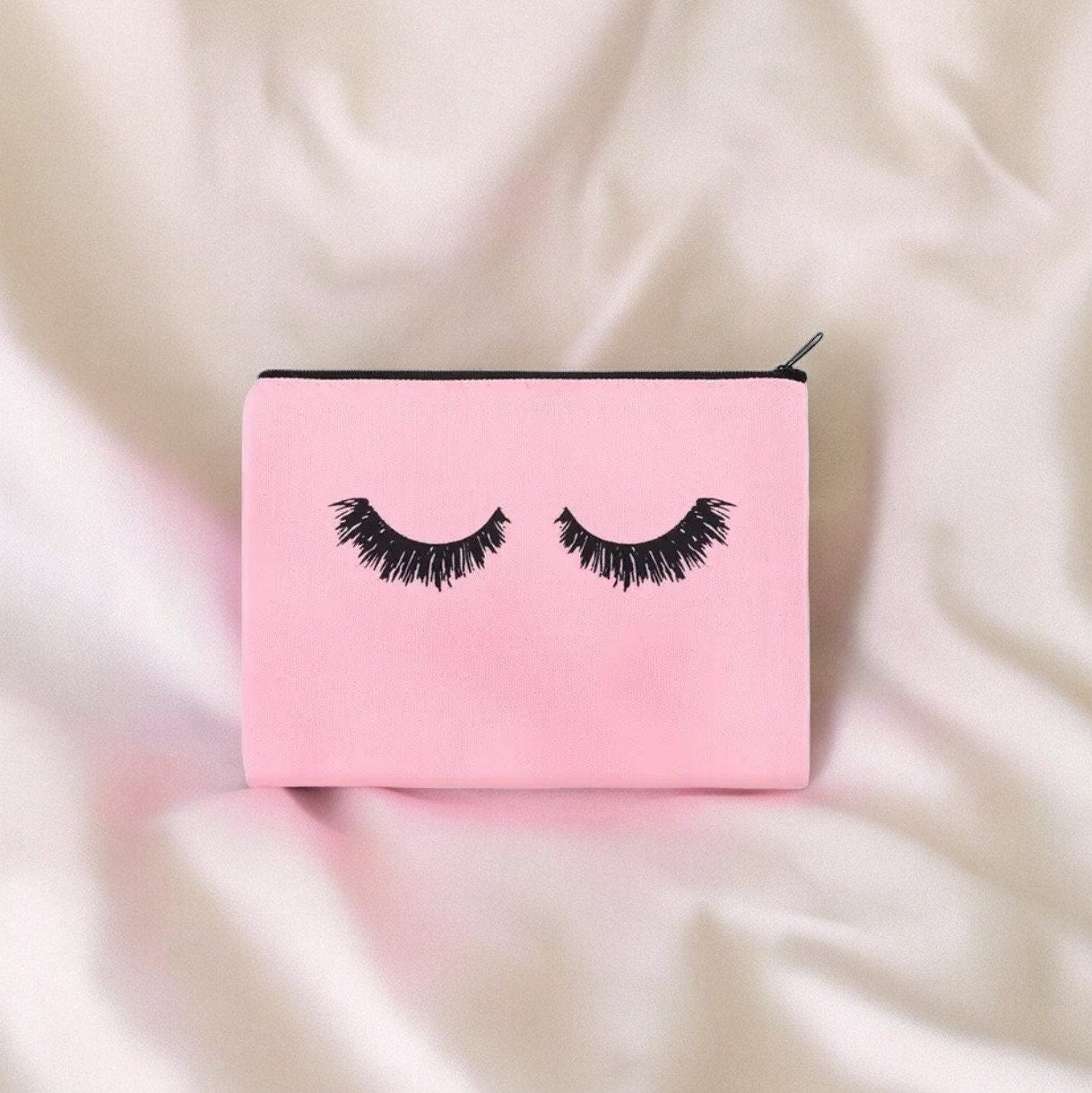 Pink Canvas with Black Eyelashes Cosmetic Makeup Bag, a Versatile Travel Pouch. Eyelash Design Toiletry Case with Zipper.