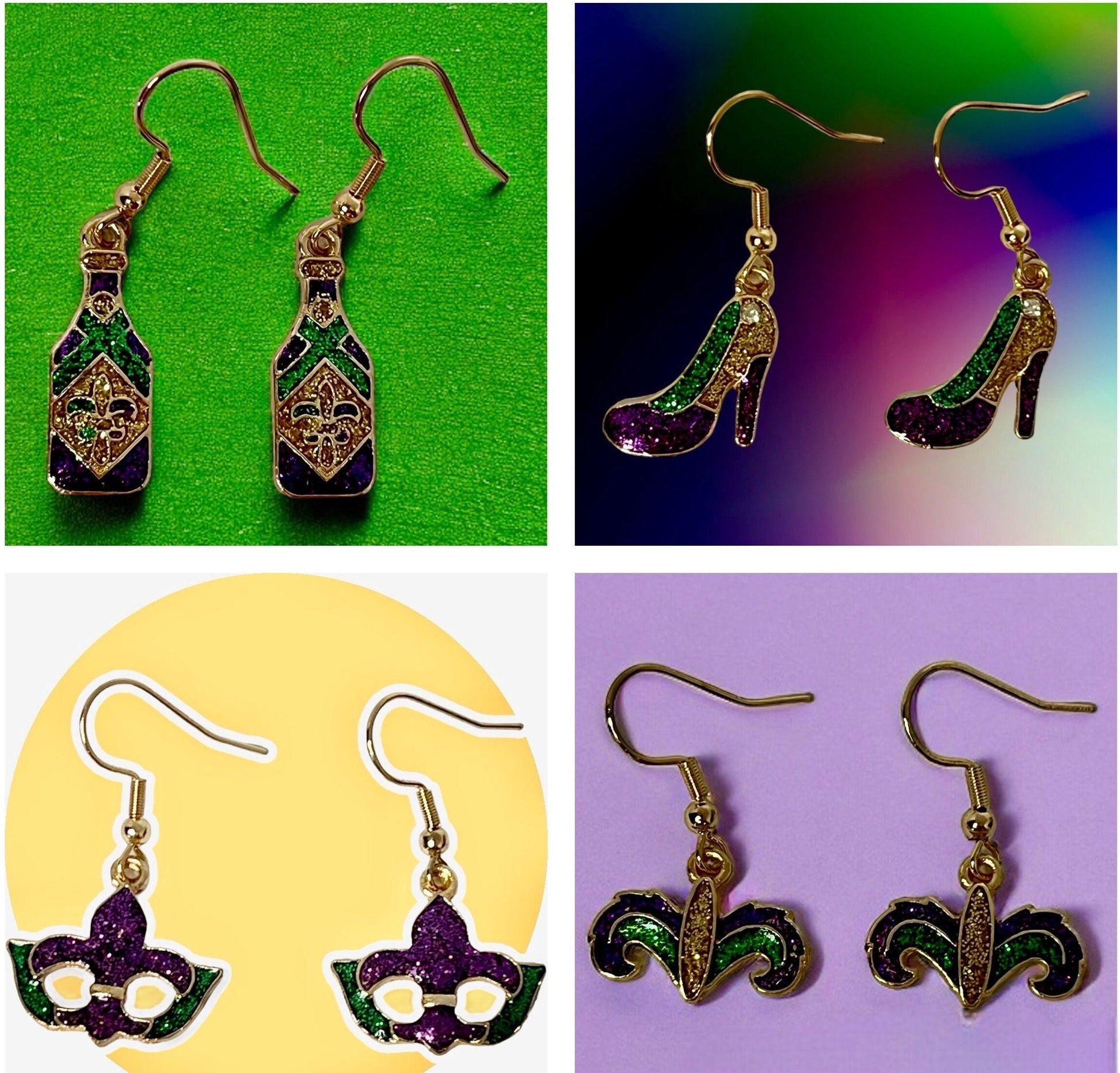 Mardi Gras Glitter Dangle Earrings. Feather Mask, Crown, Shoes, Bottle Dangle Earrings