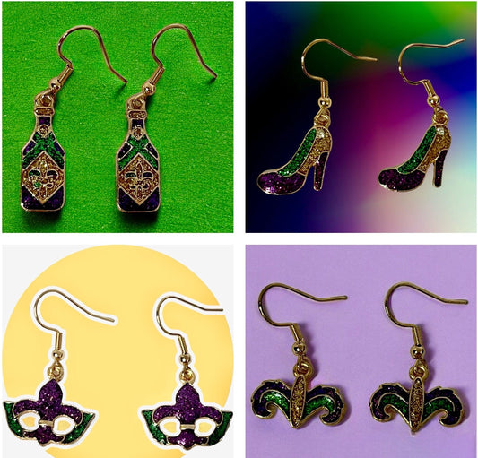 Mardi Gras Glitter Dangle Earrings. Feather Mask, Crown, Shoes, Bottle Dangle Earrings