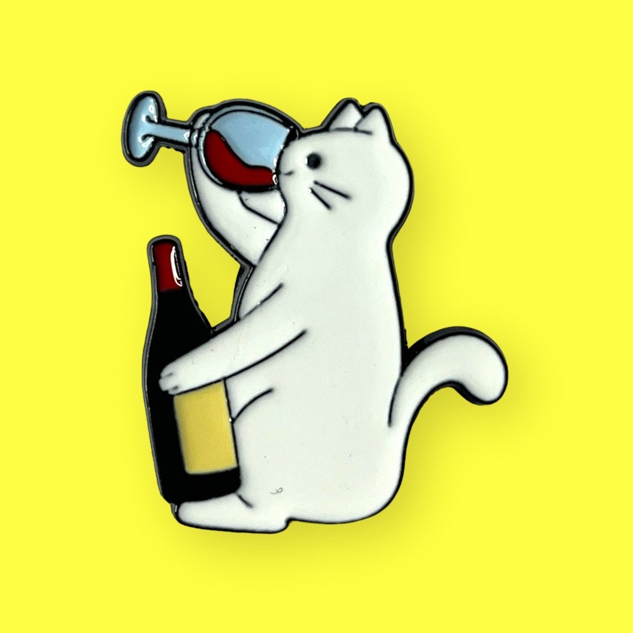 Cartoon White Cat Drinking Wine Brooch - Enamel Pin with Red Wine Glass and Bottle Pattern for Bags and Clothes