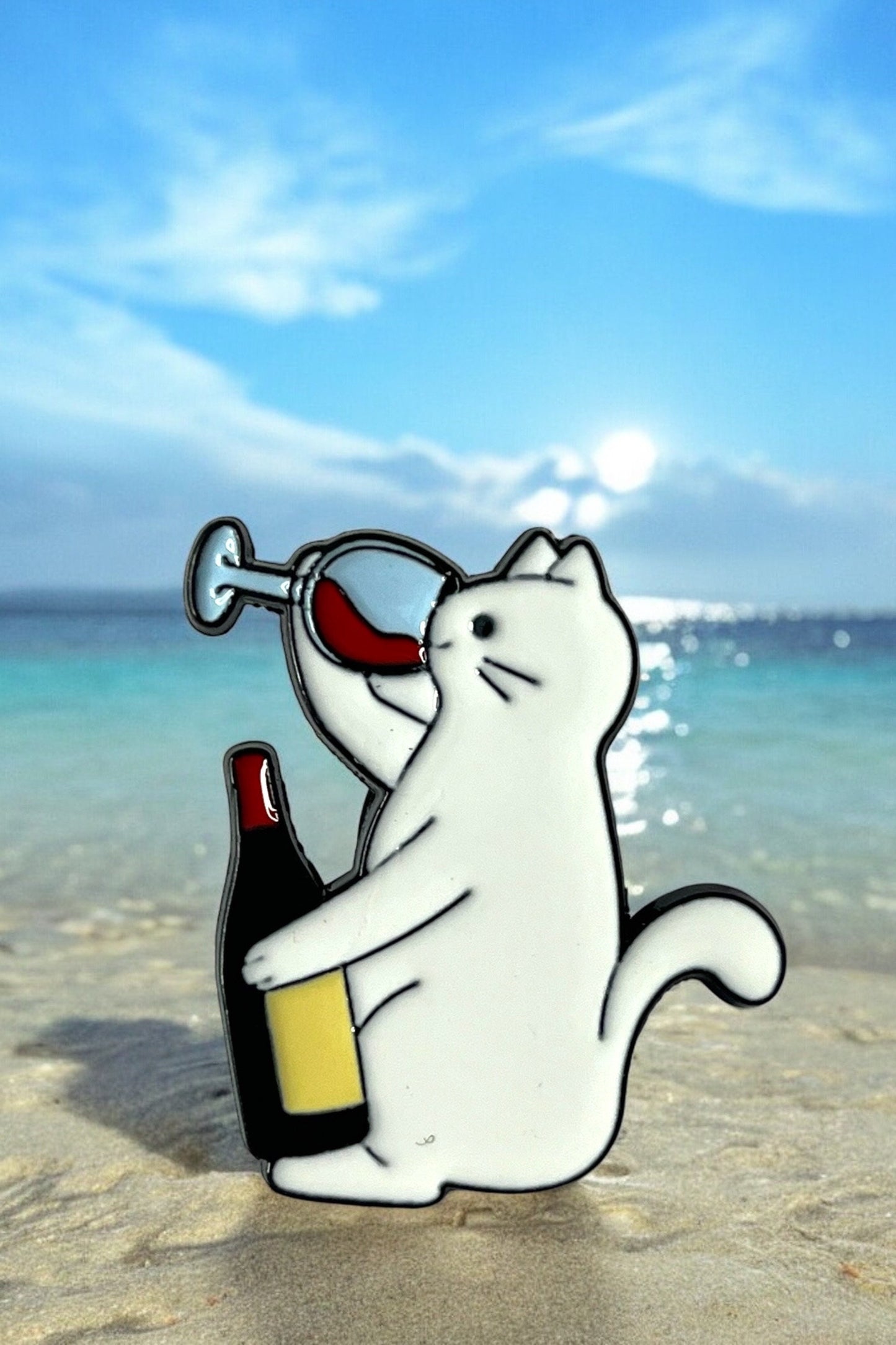 Cartoon White Cat Drinking Wine Brooch - Enamel Pin with Red Wine Glass and Bottle Pattern for Bags and Clothes