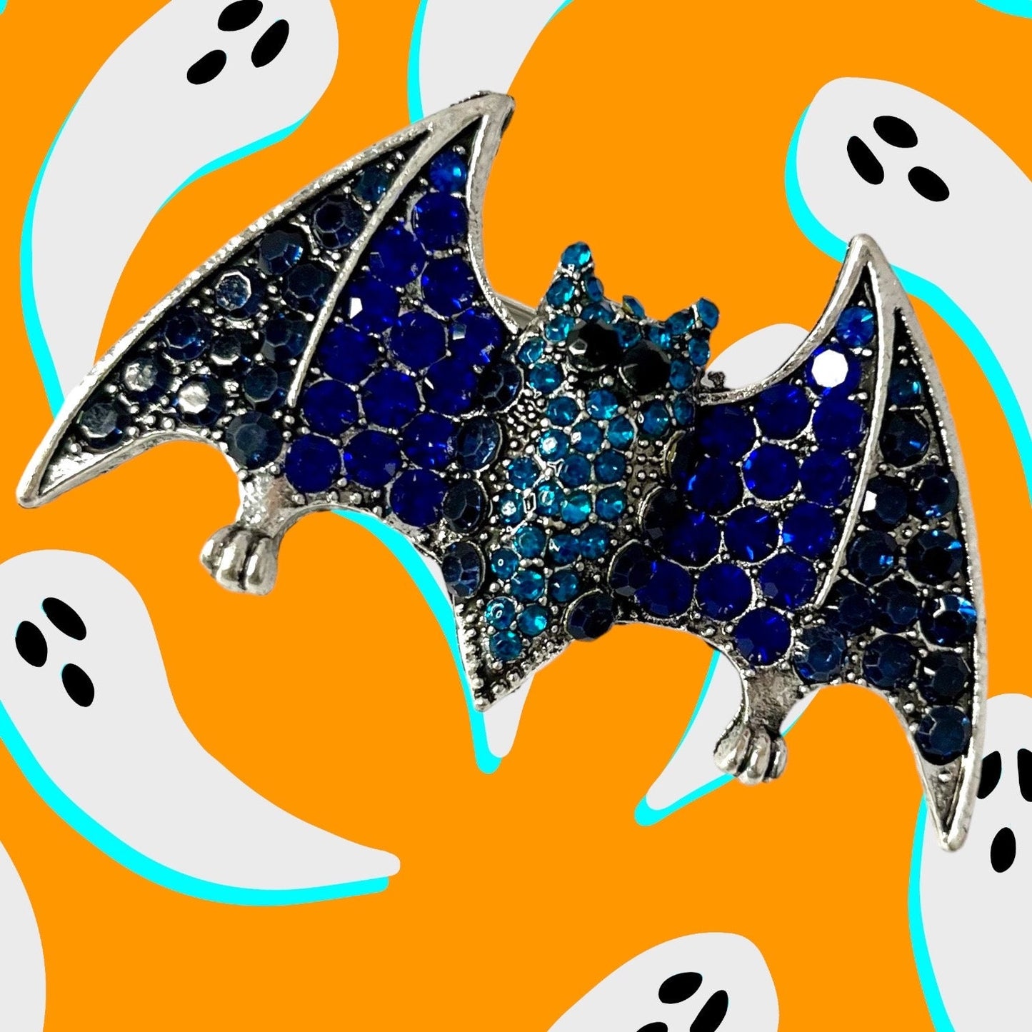 Stunning Elegant Halloween Bat Pin in Blue, Green and Black - Sparkling Rhinestone Brooch