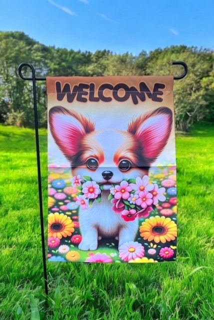 Cute Chihuahua Floral Welcome Garden Yard Flag, Double-Sided Pet Dog Flag, 12x18", Festive Home Decor