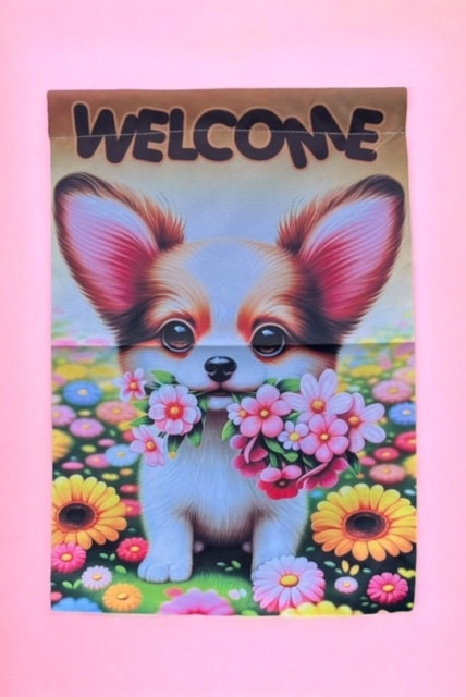 Cute Chihuahua Floral Welcome Garden Yard Flag, Double-Sided Pet Dog Flag, 12x18", Festive Home Decor