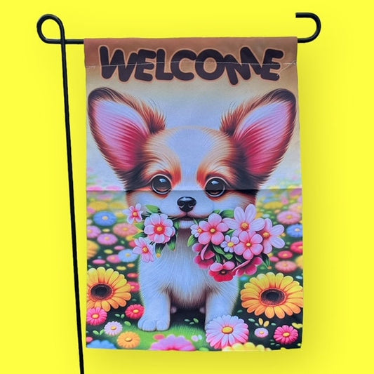 Cute Chihuahua Floral Welcome Garden Yard Flag, Double-Sided Pet Dog Flag, 12x18", Festive Home Decor