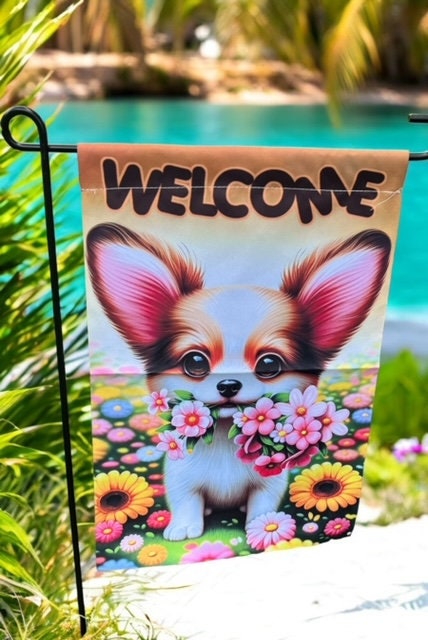 Cute Chihuahua Floral Welcome Garden Yard Flag, Double-Sided Pet Dog Flag, 12x18", Festive Home Decor