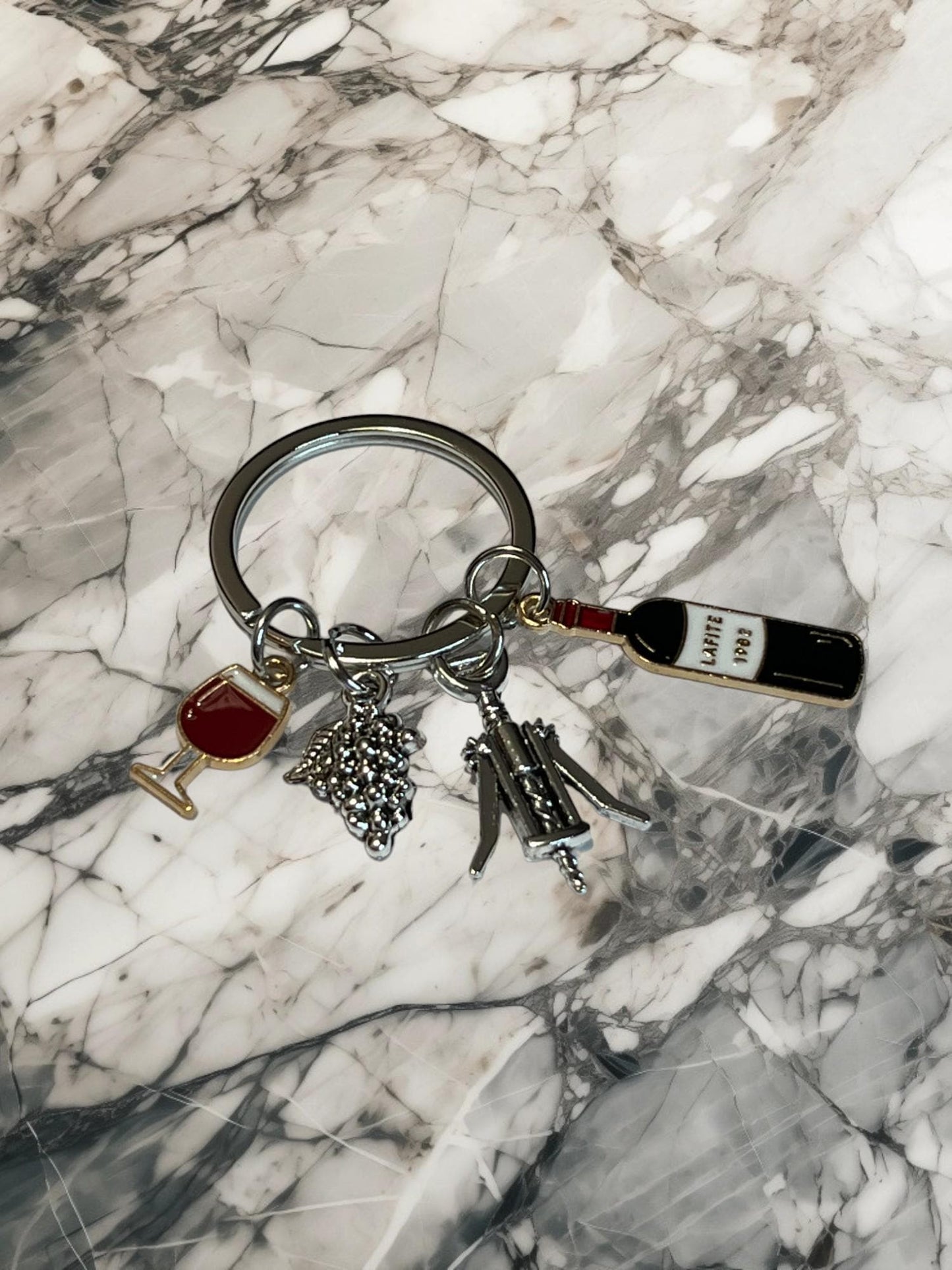 Wine Themed Keychain with Wine Glass, Grapes, Wine Bottle and Bottle Opener Charms