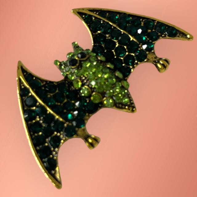 Stunning Elegant Halloween Bat Pin in Blue, Green and Black - Sparkling Rhinestone Brooch