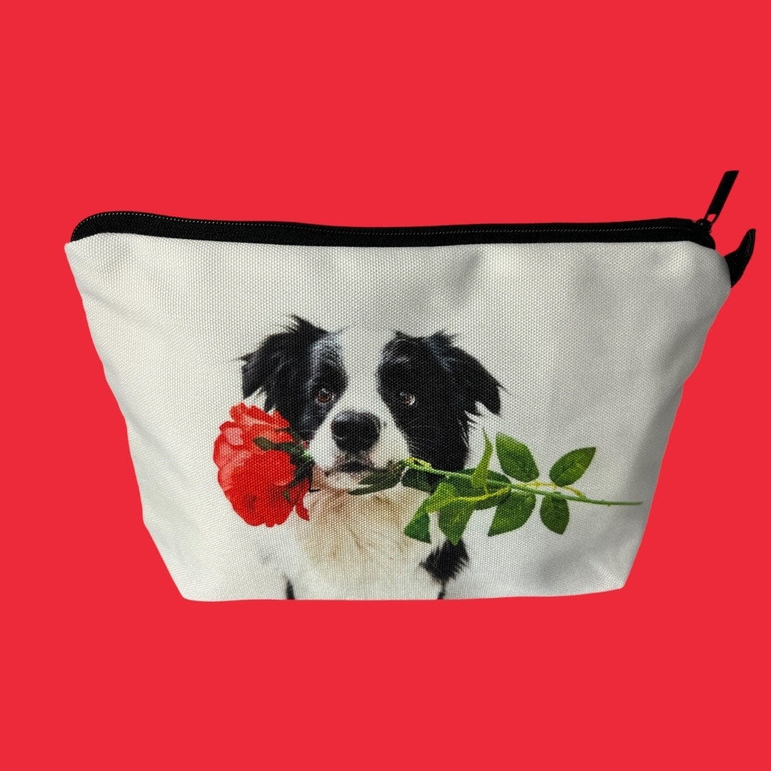 Pretty Floral Border Collie Cosmetic Travel Makeup Bag - Stylish Zipper Pouch