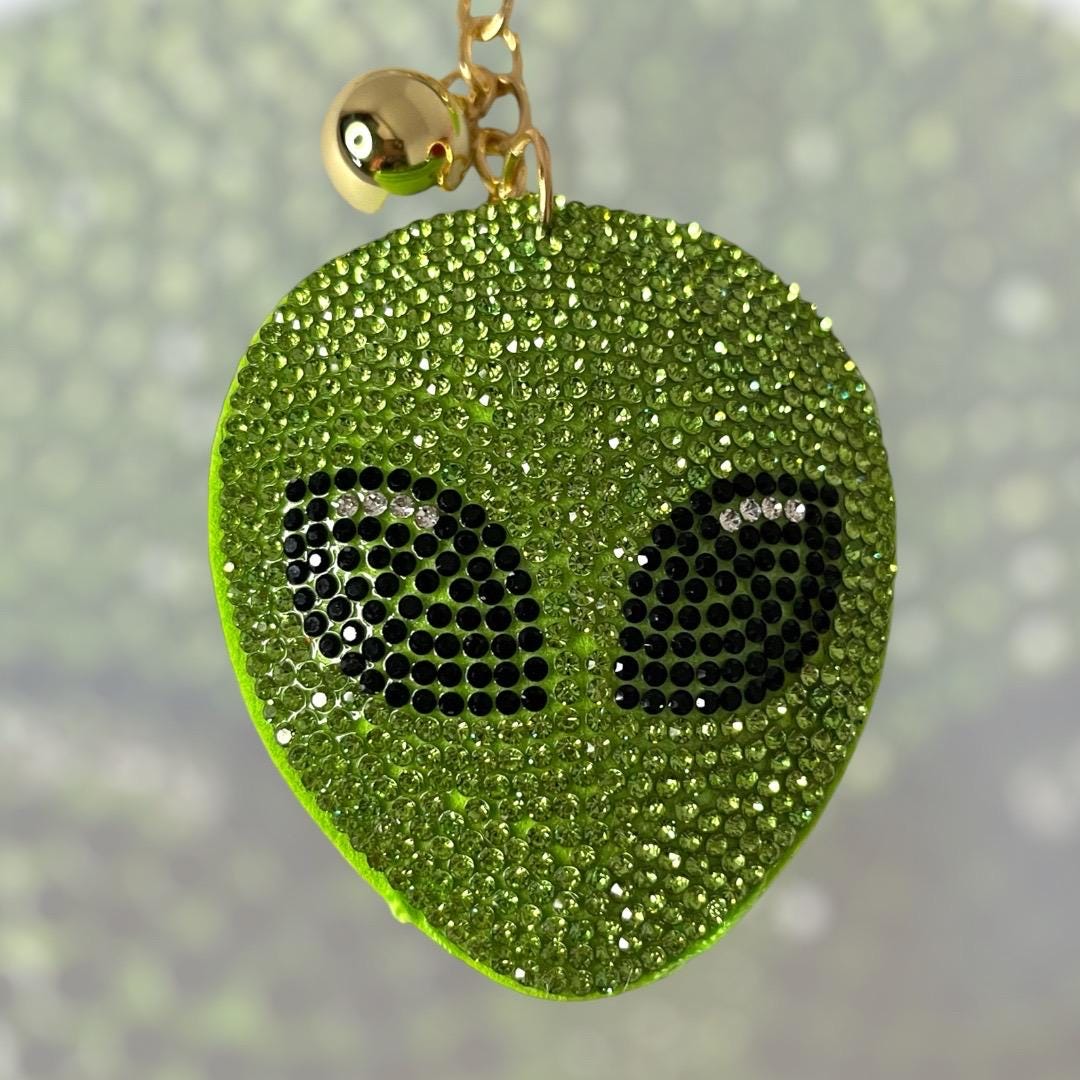 Extraterrestrial Crystal Bejeweled Keychain - Alien Head with Green Tassel, Rhinestone Accents