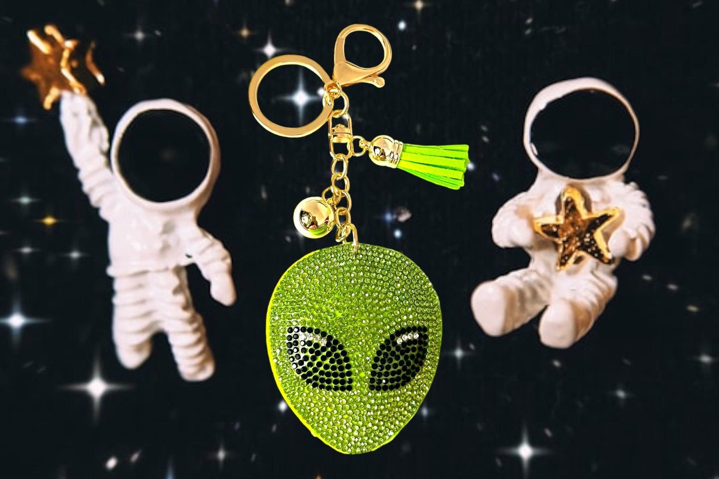 Extraterrestrial Crystal Bejeweled Keychain - Alien Head with Green Tassel, Rhinestone Accents