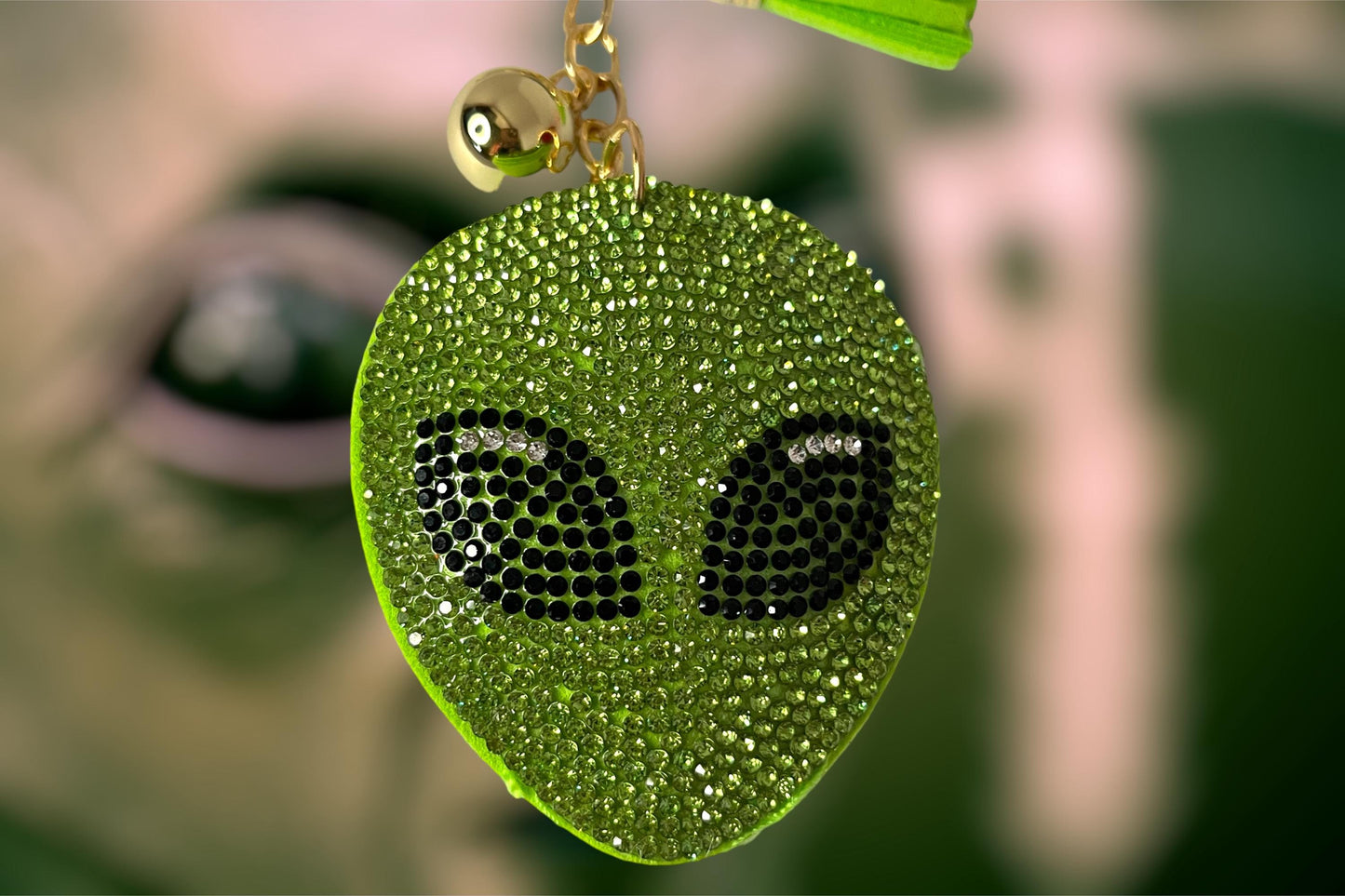 Extraterrestrial Crystal Bejeweled Keychain - Alien Head with Green Tassel, Rhinestone Accents