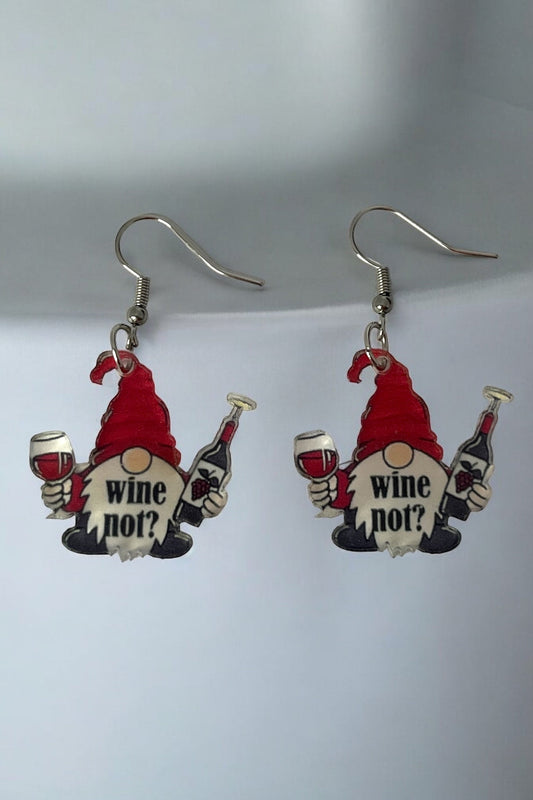 Wine Lover Gnome Earrings - Cute Acrylic Holiday Gift for Her, Choose Plain or "Wine Not?" Design