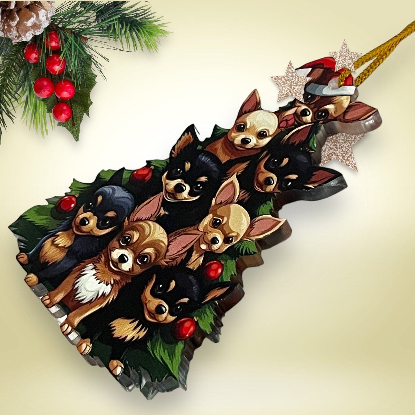 Chihuahua Christmas Tree Ornament for Car Rearview Mirror, Backpack Keychain & Party Decor