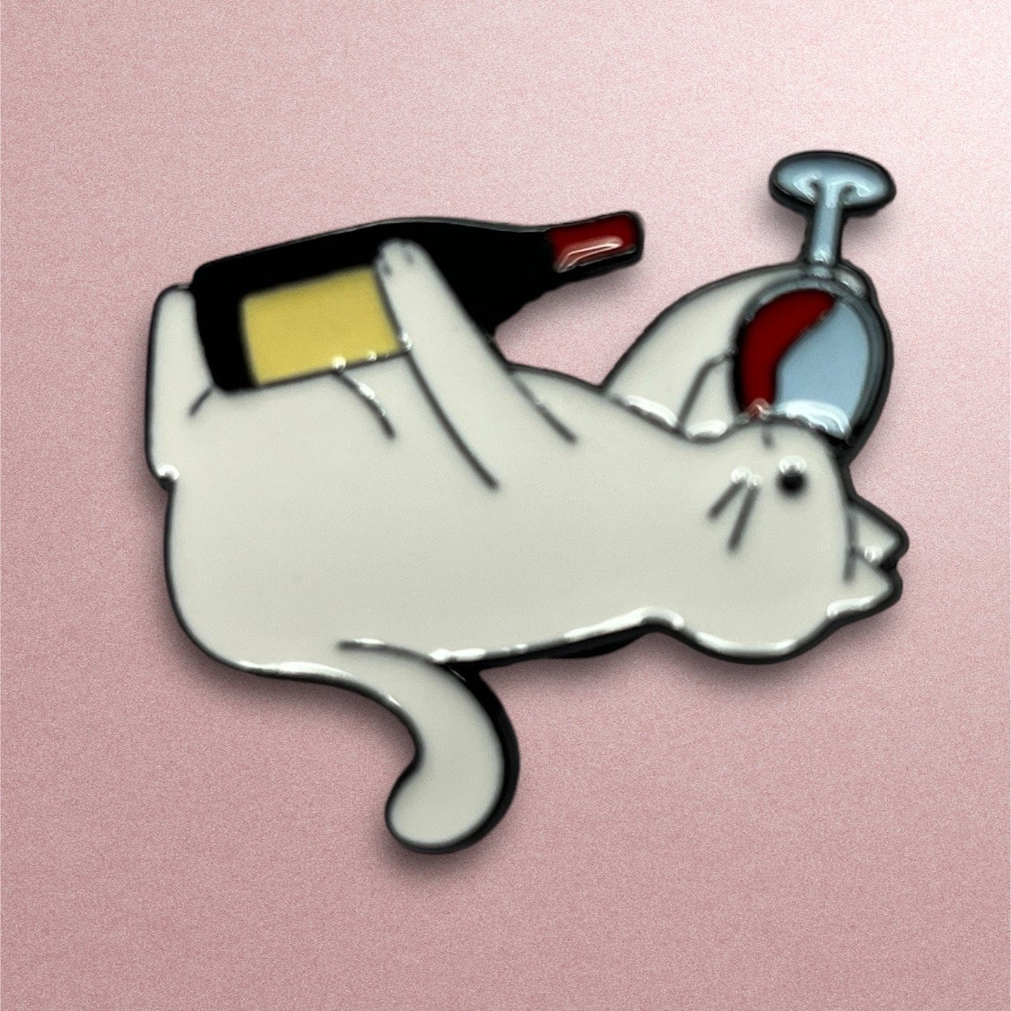 Cartoon White Cat Drinking Wine Brooch - Enamel Pin with Red Wine Glass and Bottle Pattern for Bags and Clothes