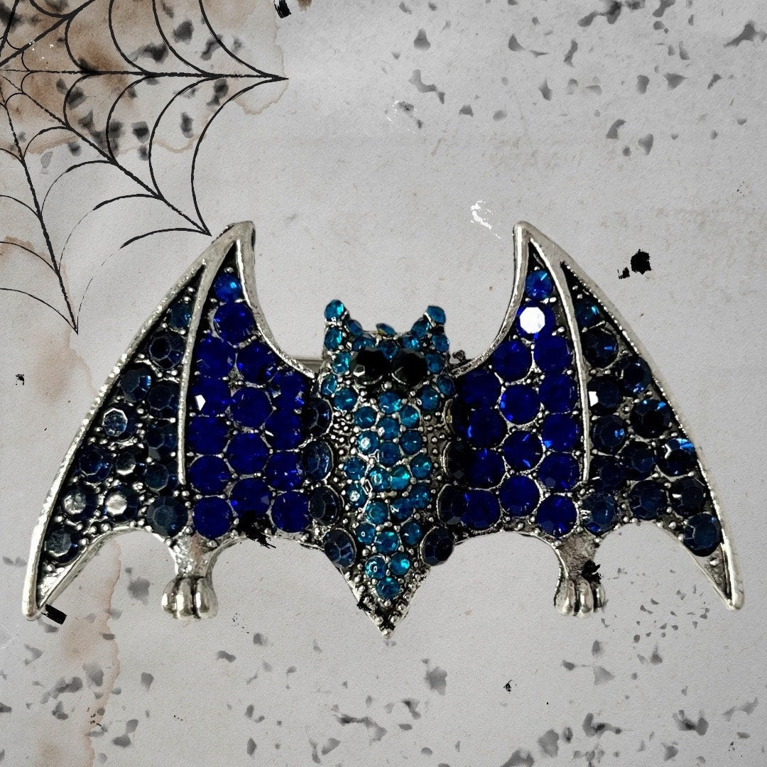 Stunning Elegant Halloween Bat Pin in Blue, Green and Black - Sparkling Rhinestone Brooch