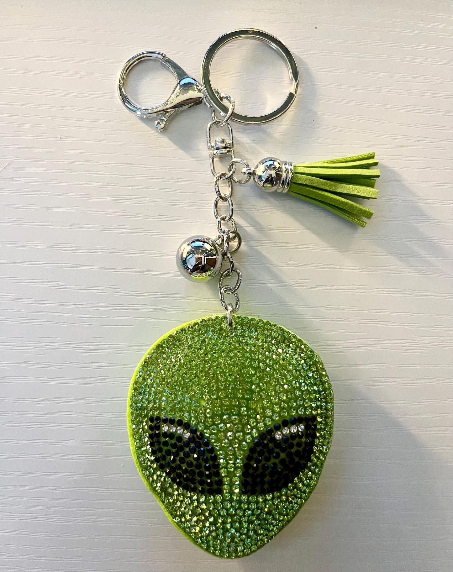 Extraterrestrial Crystal Bejeweled Keychain - Alien Head with Green Tassel, Rhinestone Accents