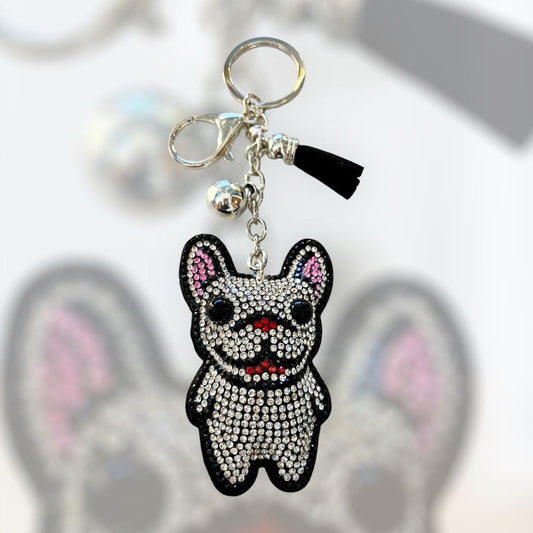 Sparkling Cartoon French Bulldog Badge Charm Keychain with Rhinestones and Tassel Charm