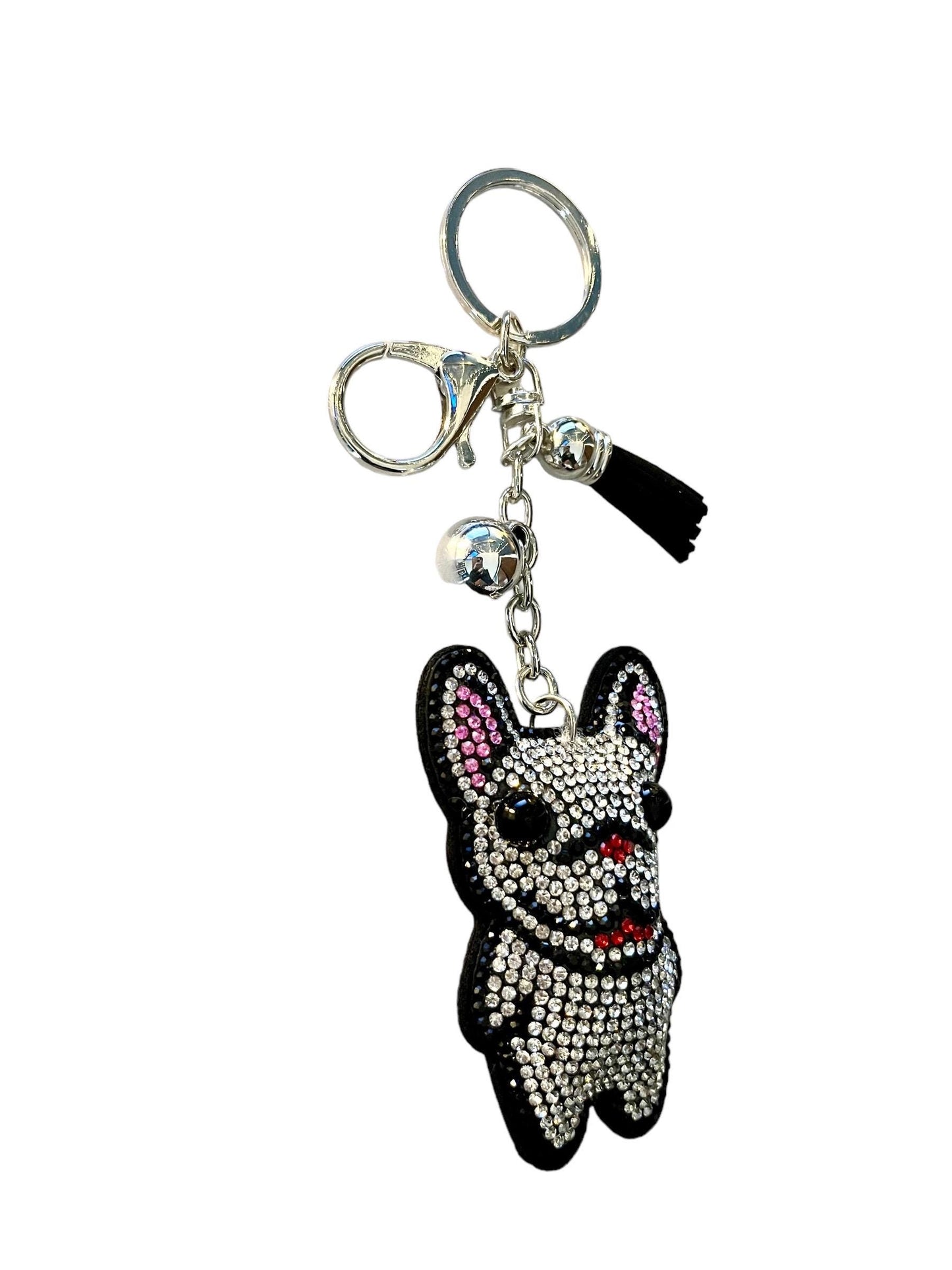 Sparkling Cartoon French Bulldog Badge Charm Keychain with Rhinestones and Tassel Charm