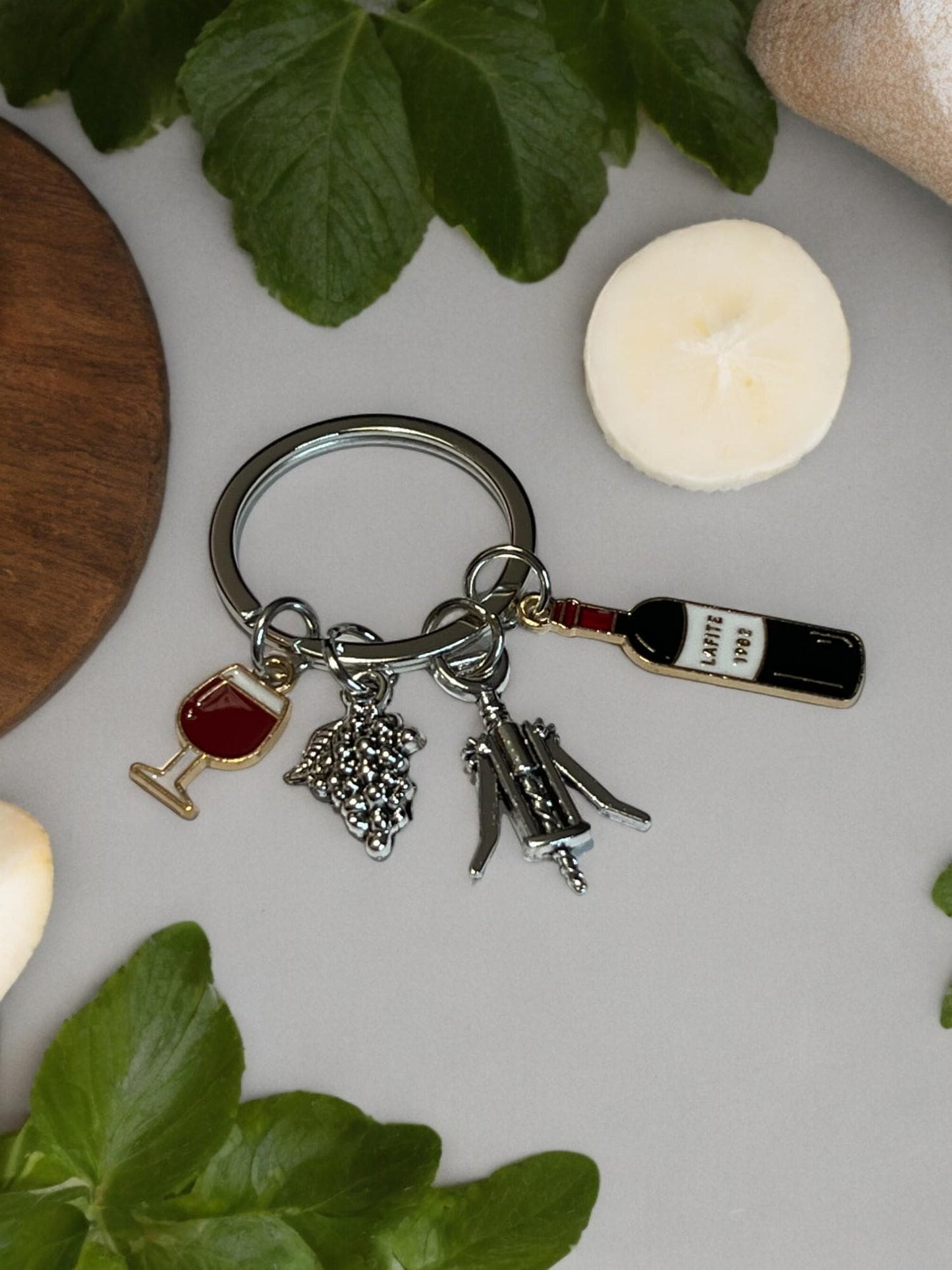 Wine Themed Keychain with Wine Glass, Grapes, Wine Bottle and Bottle Opener Charms