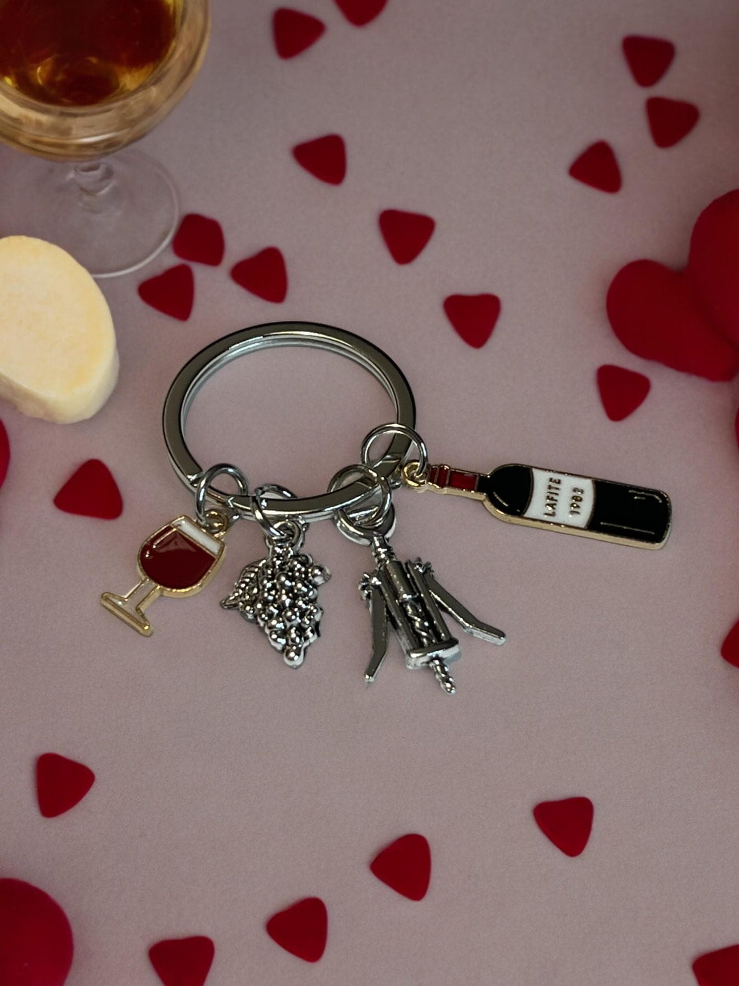 Wine Themed Keychain with Wine Glass, Grapes, Wine Bottle and Bottle Opener Charms