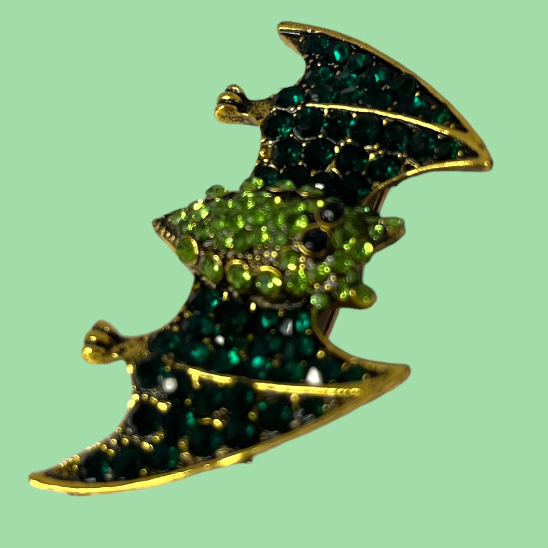 Stunning Elegant Halloween Bat Pin in Blue, Green and Black - Sparkling Rhinestone Brooch