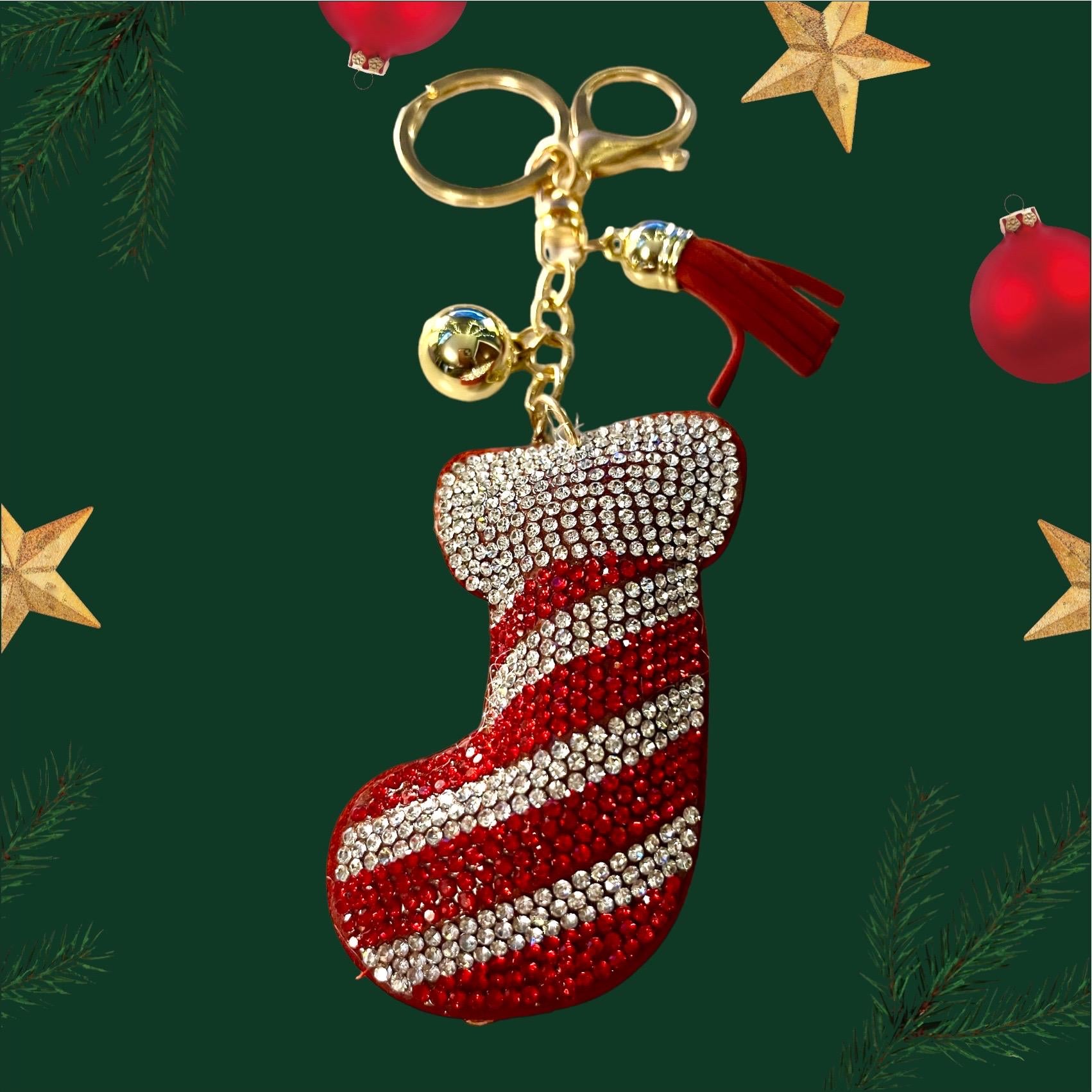 Cheerful Christmas Stocking Keychain - Festive Holiday Accessory - Lobster Clasp, Metal, Fabric - Cute Stocking Charm for Keys or Backpack