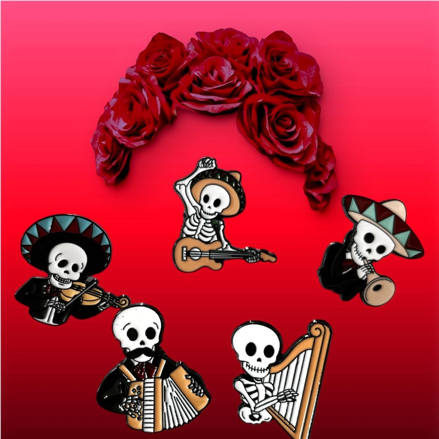 Day of the Dead (Día de los Muertos) Brooches - Band Organ Violin Enamel Pin - Metal Badge for Backpack Clothing