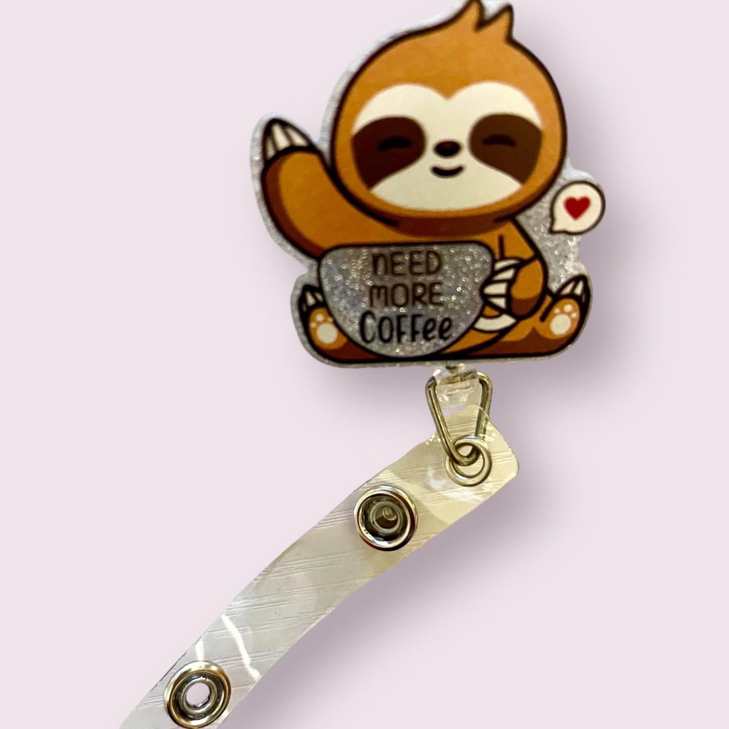 Caffeine Lover Sloth Retractable Glitter Badge Reel: Perfect for Nurses, Teachers & Office Staff!