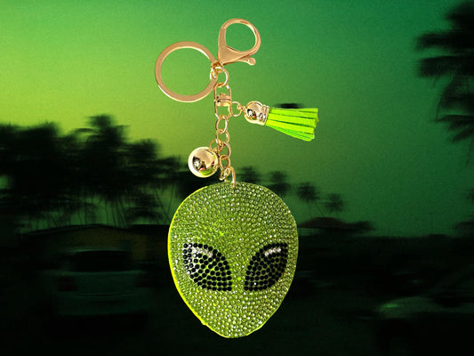 Extraterrestrial Crystal Bejeweled Keychain - Alien Head with Green Tassel, Rhinestone Accents