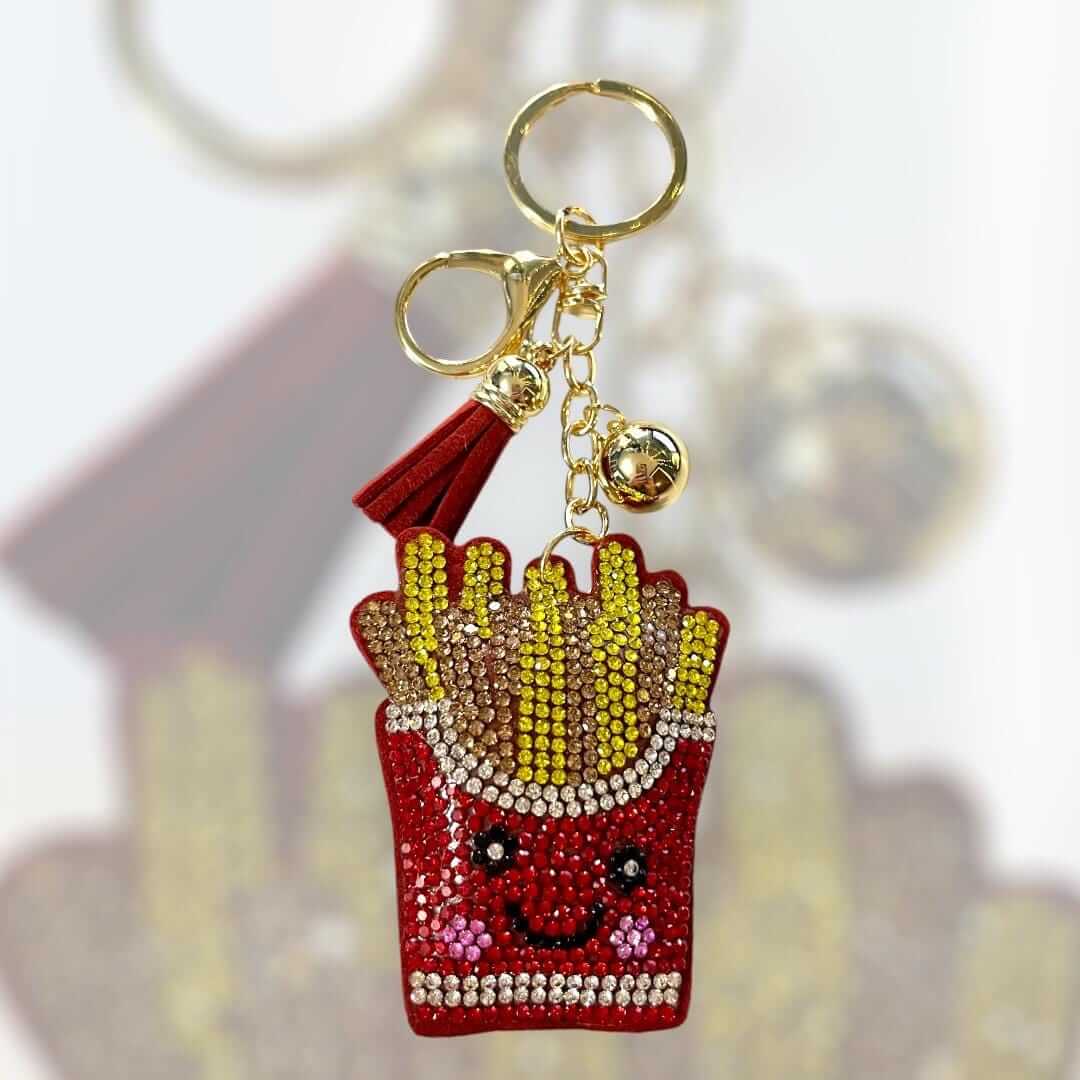 Chic French Fries Keychain, featuring sparkling rhinestones and a vibrant red tassel