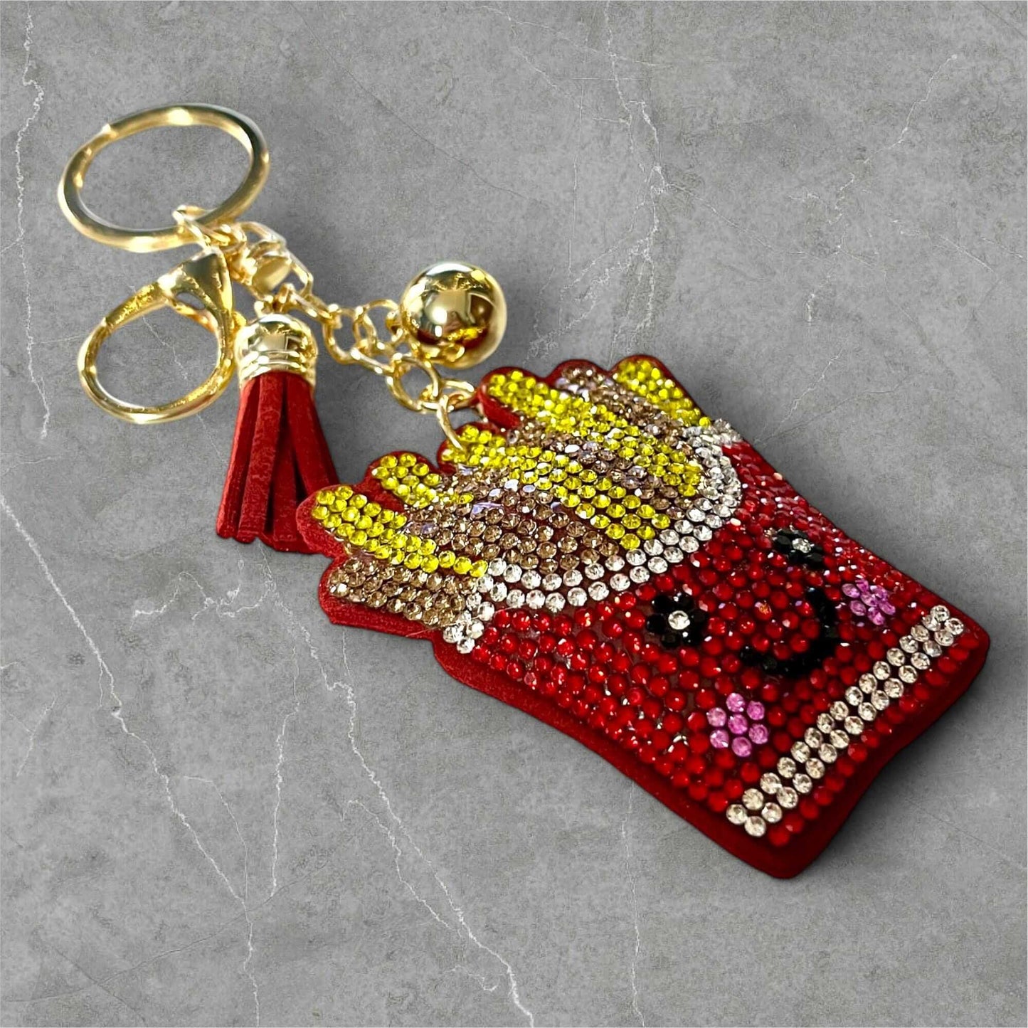 Chic French Fries Keychain, featuring sparkling rhinestones and a vibrant red tassel