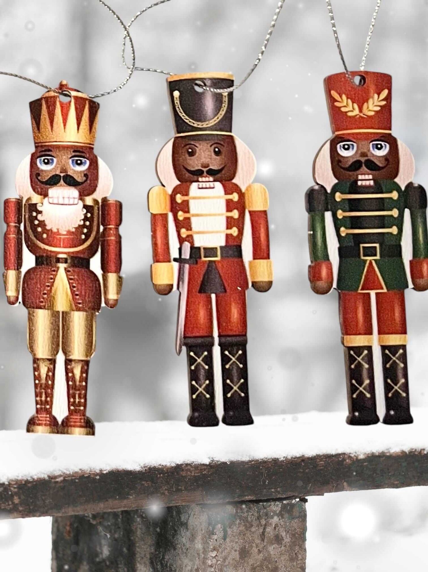 Vintage-inspired Nutcracker ornaments including King and Soldier figurines, elegant Christmas tree decorations, set of six.