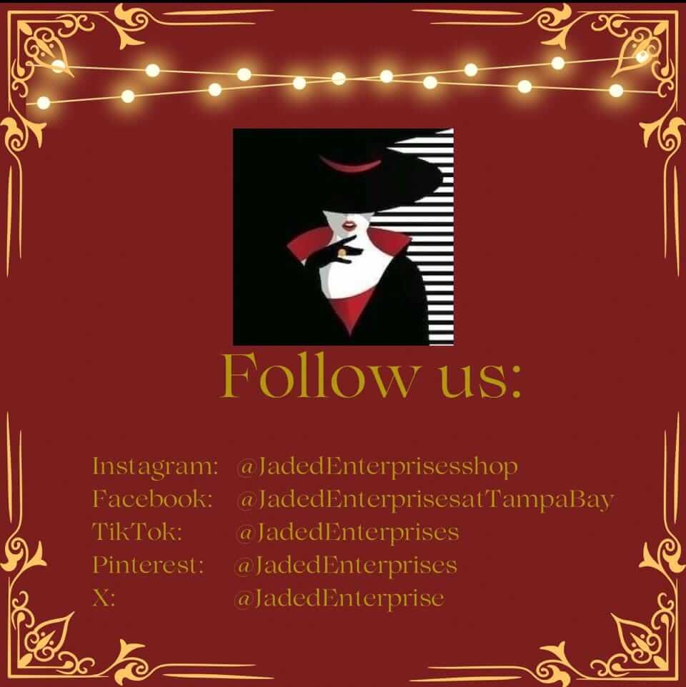 Social media follow invitation for Jaded Enterprises with decorative frame and holiday lights.