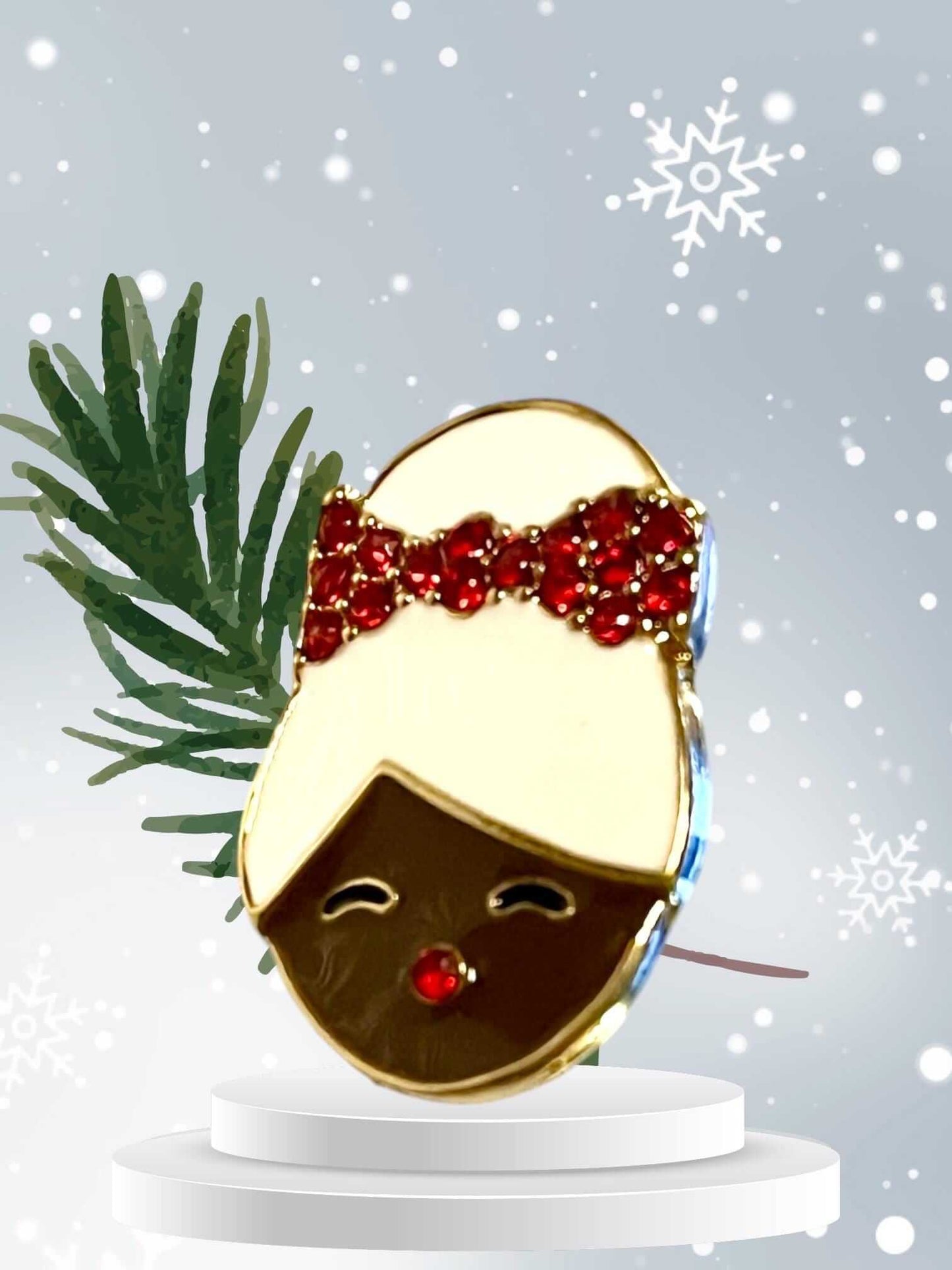 Sparkly Mrs. Claus Christmas stud earring with red bow on festive background