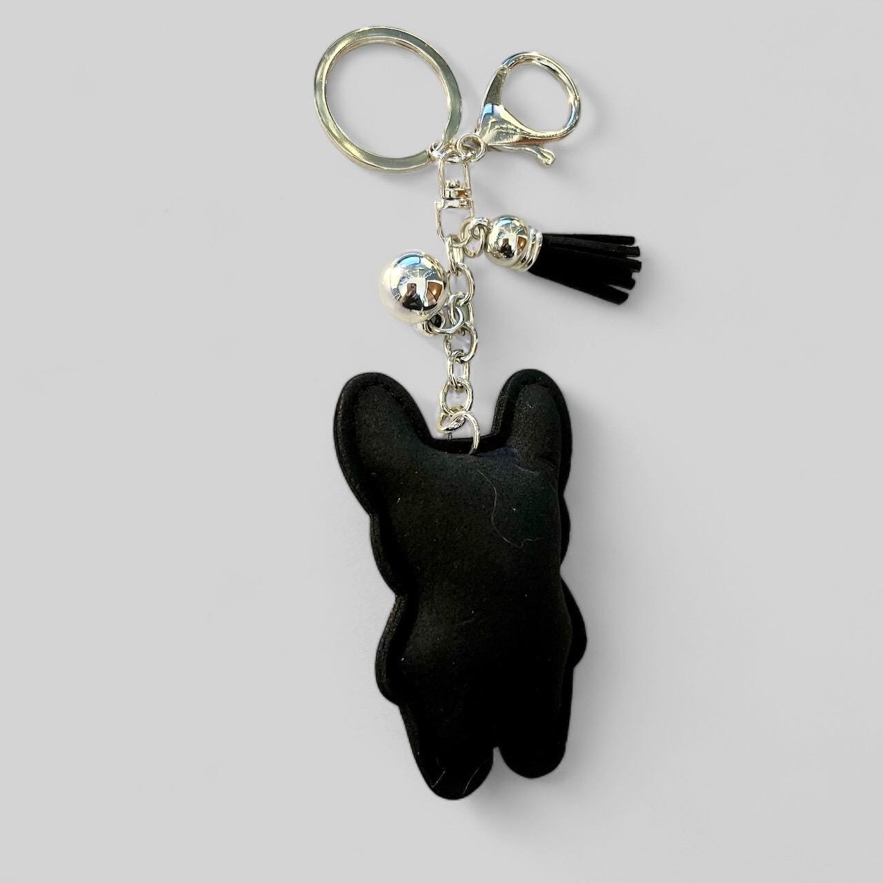 Sparkling Cartoon French Bulldog Badge Charm Keychain with Rhinestones and Tassel Charm