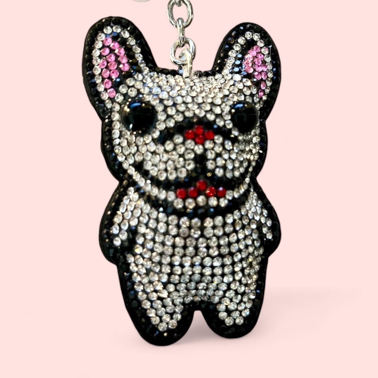 Sparkling Cartoon French Bulldog Badge Charm Keychain with Rhinestones and Tassel Charm