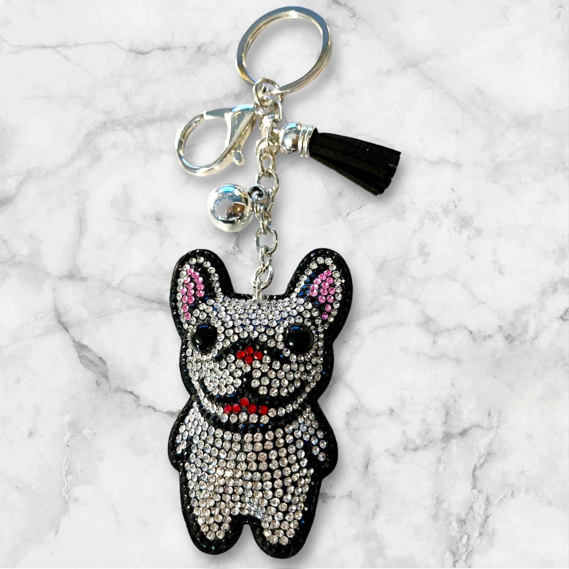 Sparkling Cartoon French Bulldog Badge Charm Keychain with Rhinestones and Tassel Charm