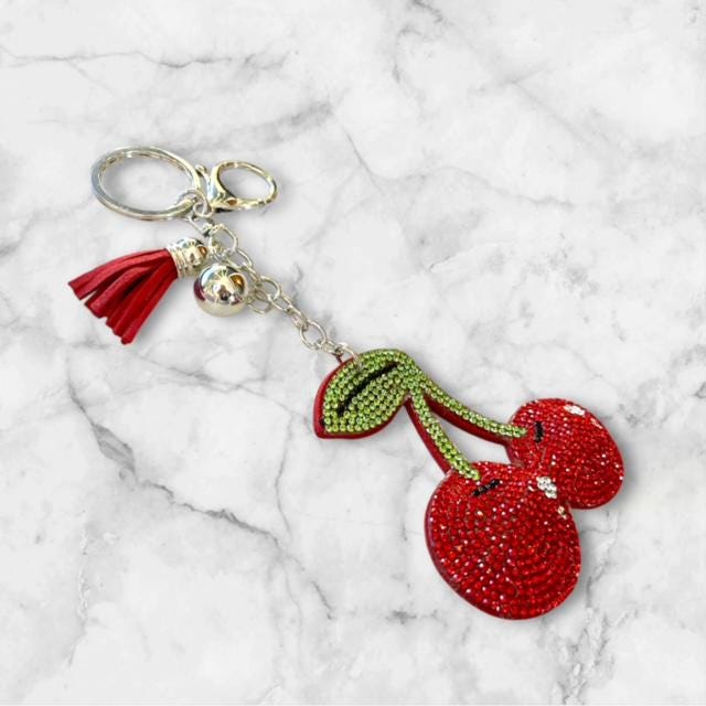 Sparkling Cherry Keychain With Rhinestones And Tassel - Lobster Clasp Fashion Accessory