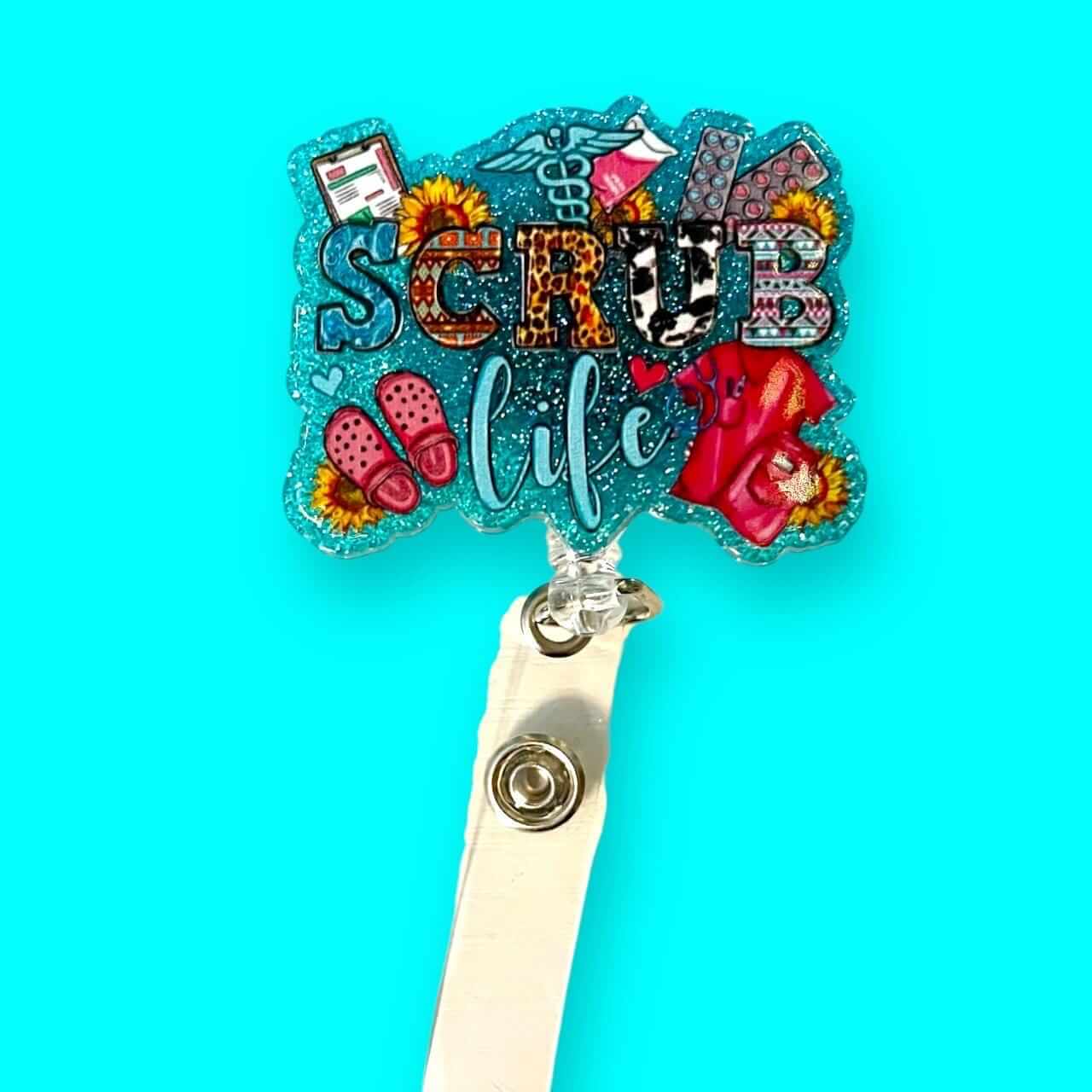 Glitter Scrub Life Badge Retractable Badge Reel for Medical Occupation. Cute Badge Holder Accessory with Alligator Clip