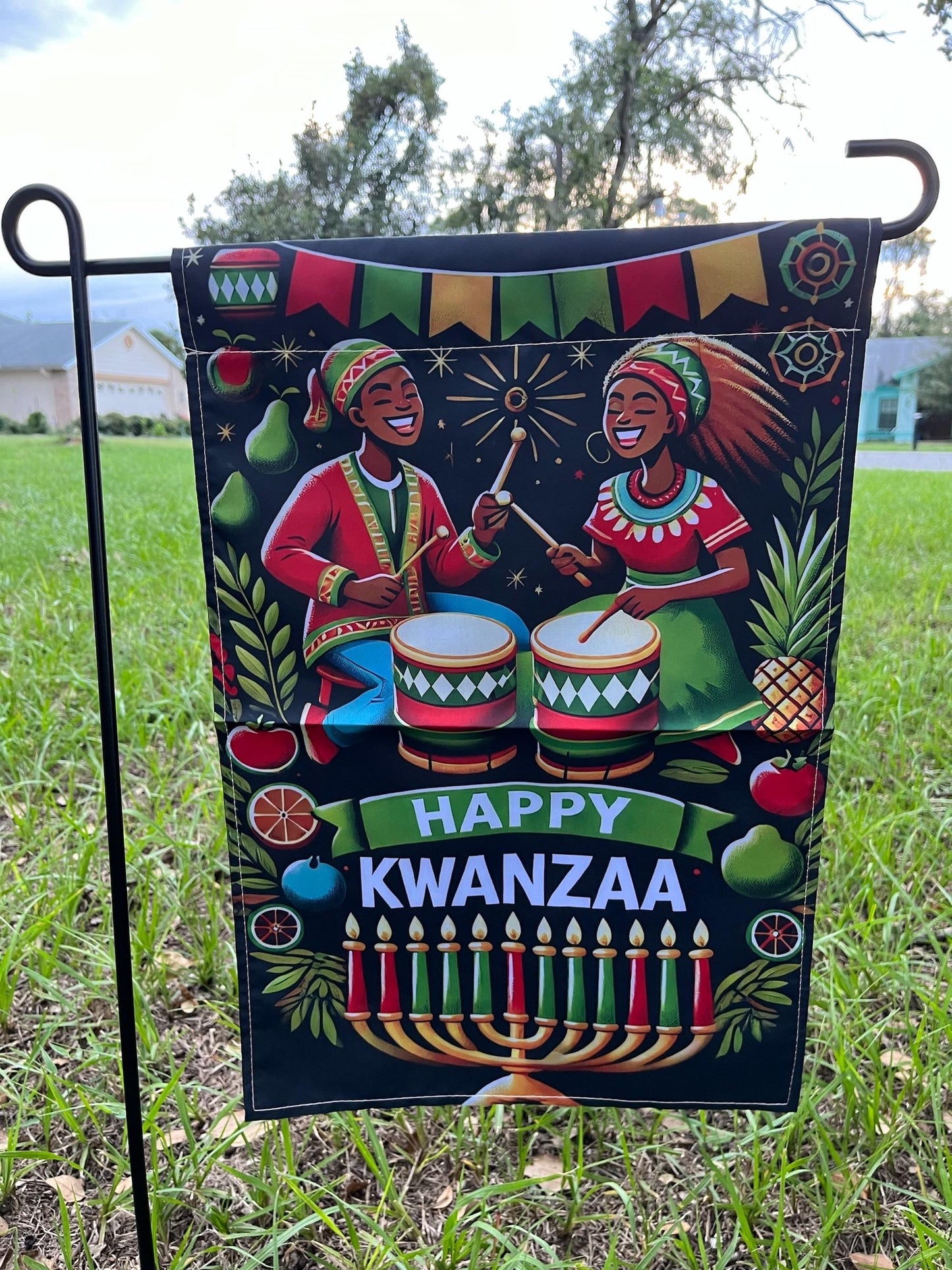 Kwanzaa Celebration Garden Flag - African Drummers & Fruits Design, 12x18 Inch, Weather-Resistant