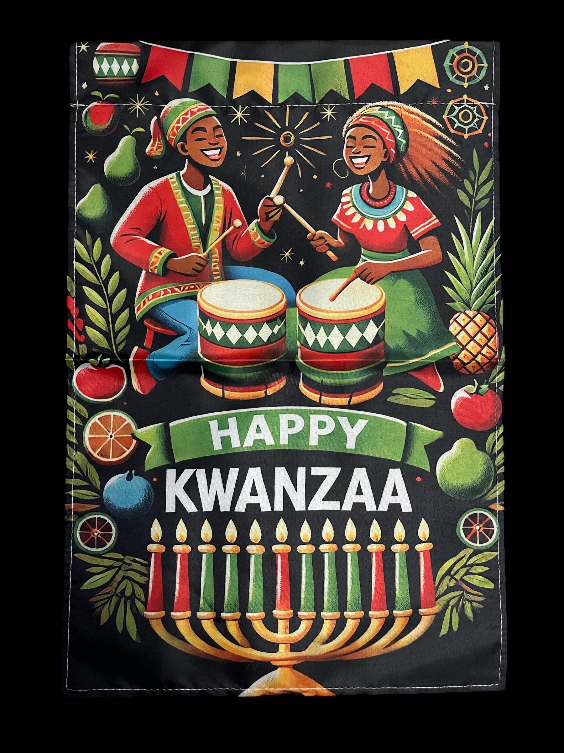 Kwanzaa Celebration Garden Flag - African Drummers & Fruits Design, 12x18 Inch, Weather-Resistant