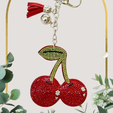 Sparkling Cherry Keychain With Rhinestones And Tassel - Lobster Clasp Fashion Accessory