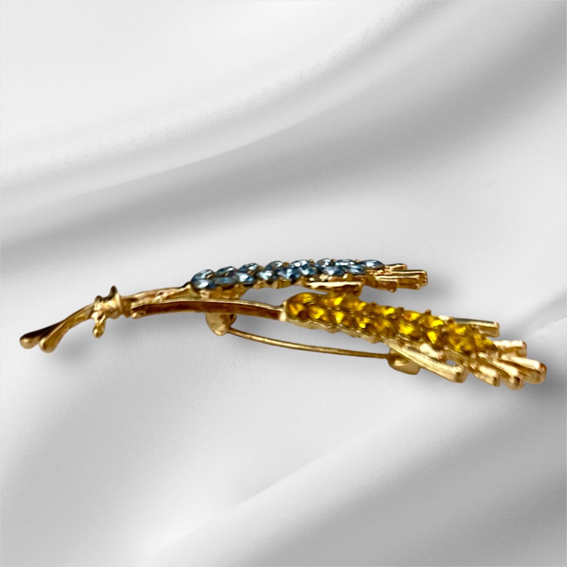 Rustic Wheat Brooch Pin - 18K Gold Finish with Blue & Yellow Crystal Details