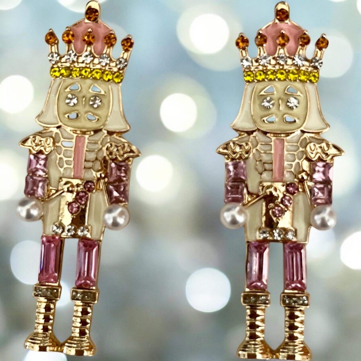 Festive Pink Nutcracker Stud Earrings with Shimmering Rhinestones