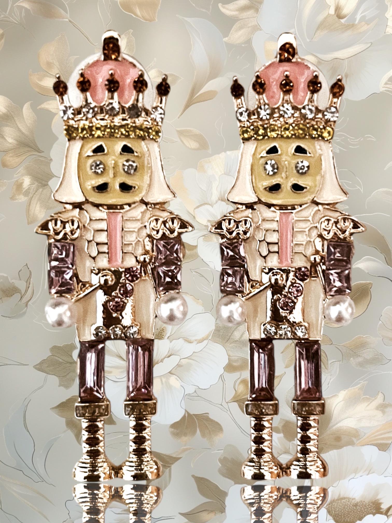 Festive Pink Nutcracker Stud Earrings with Shimmering Rhinestones