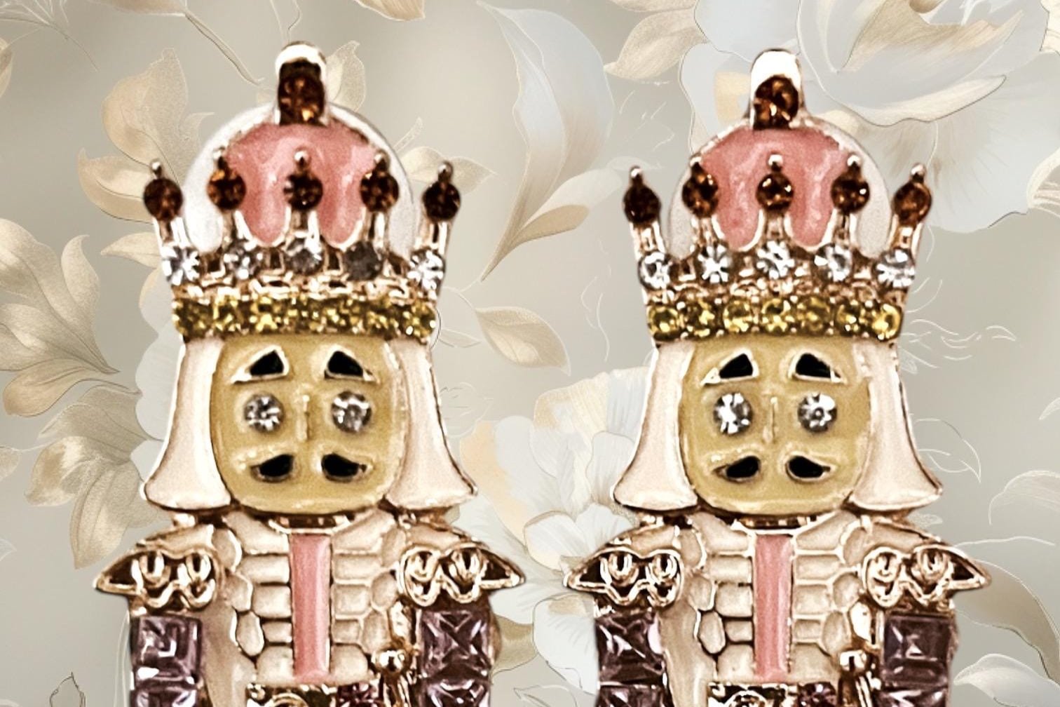 Festive Pink Nutcracker Stud Earrings with Shimmering Rhinestones