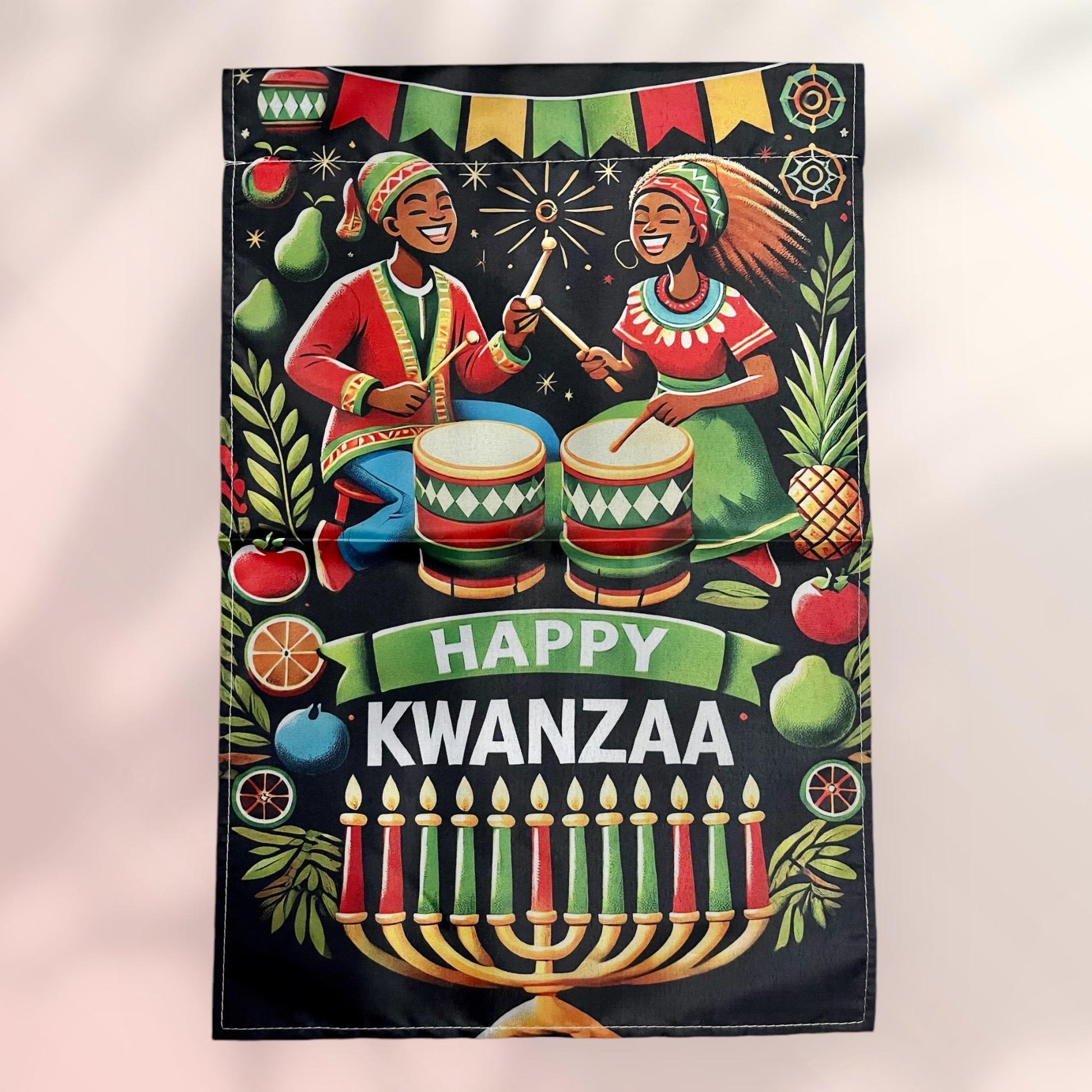 Kwanzaa Celebration Garden Flag - African Drummers & Fruits Design, 12x18 Inch, Weather-Resistant