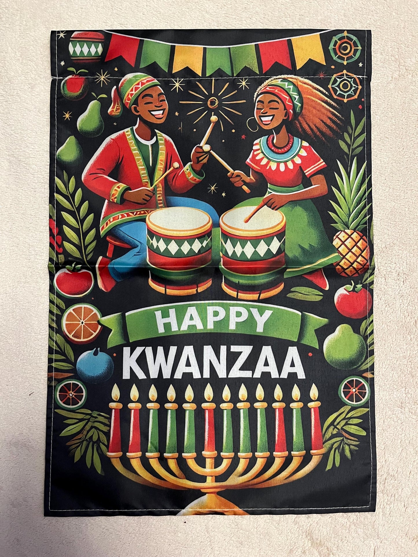 Kwanzaa Celebration Garden Flag - African Drummers & Fruits Design, 12x18 Inch, Weather-Resistant