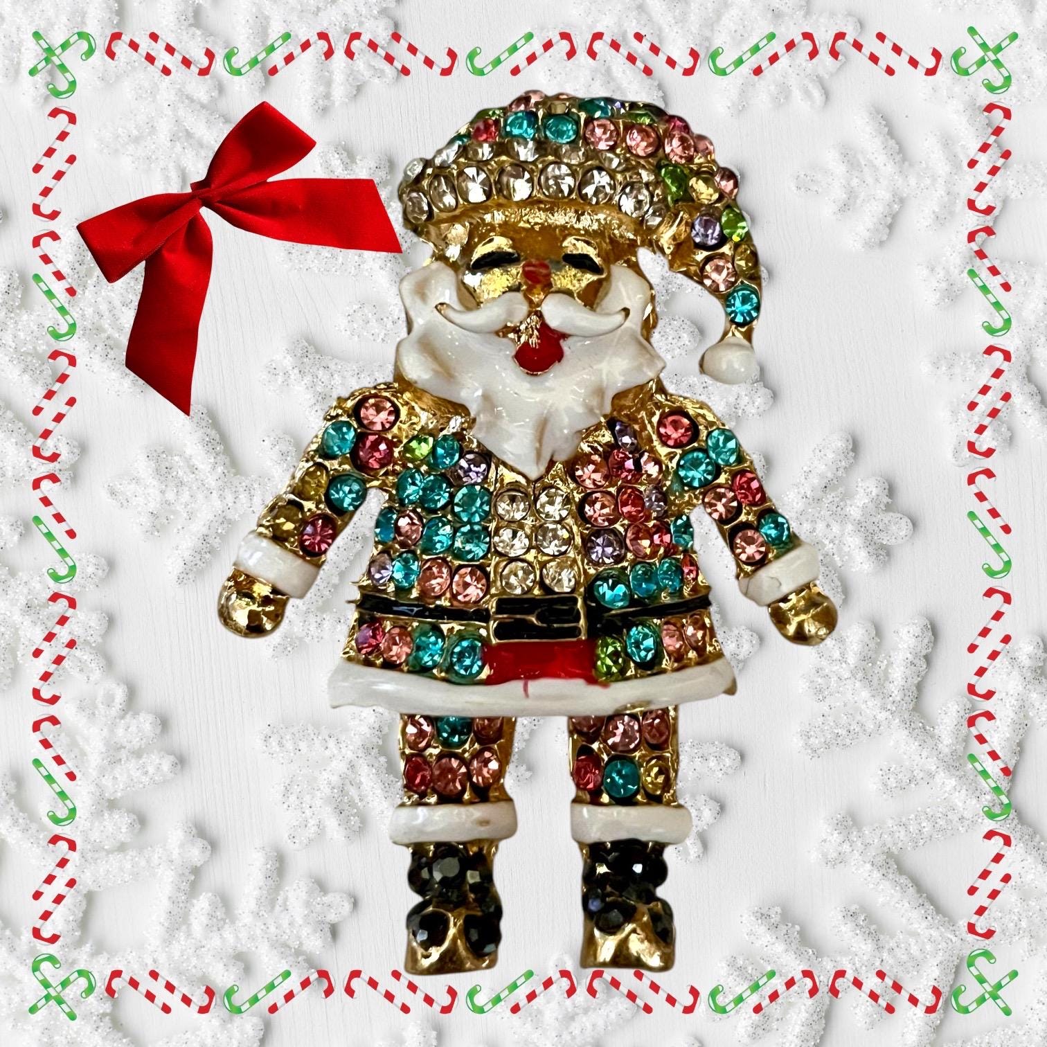 Sparkly Santa Claus Brooch Pin Necklace Pendant, Gold Plated Enamel, Rhinestone Encrusted, Cute Charm Pin for Christmas